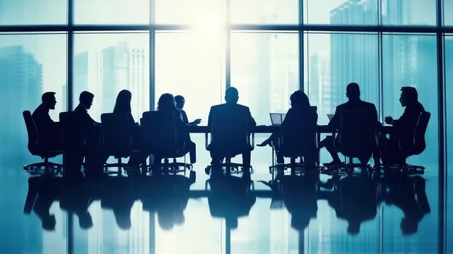 Executive team silhouette collaborates in a modern boardroom, making critical strategic decisions under bright light, reflecting foresight and future-focused corporate planning