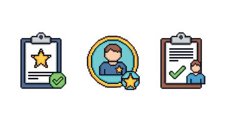 Pixel art icons of employee recognition and achievement badges