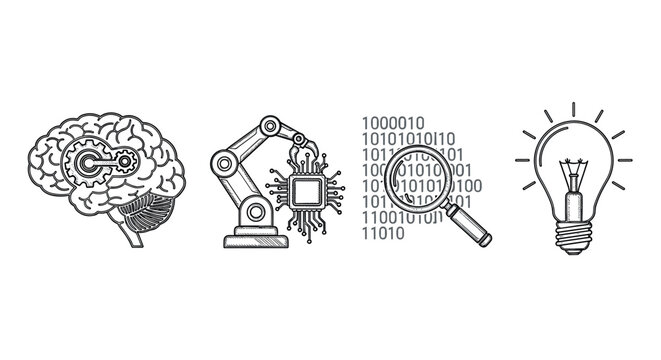 Innovative concepts brain mind gear, robotics arm, data search, idea lightbulb icons