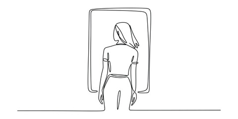 Continuous line drawing of woman looking at a rectangular screen