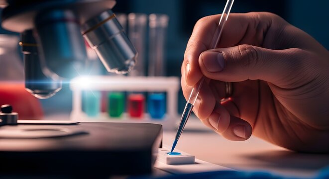 A scientist uses a pipette to apply a sample to a slide near a microscope and test tubes in a laboratory setting. - Powered by Adobe