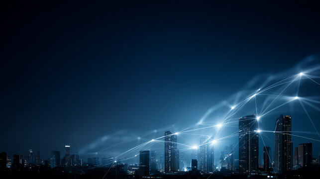 Modern city at night with virtual glowing network lines and digital points connecting skyscrapers, representing smart city technology, global communication, 5G, data exchange, AI s