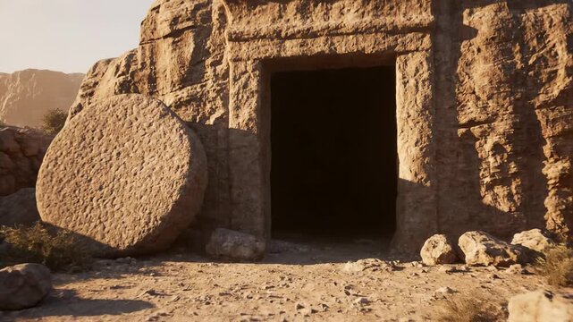 Empty tomb after the Resurrection of Jesus Christ, stone rolled away from the entrance, Easter
