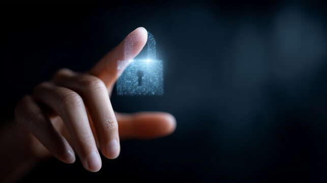 Hand touching virtual hologram padlock icon representing data privacy, secure technology, cyber network, protection, encryption, firewall system, and digital safety innovation for