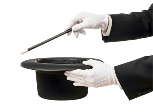 Magicians hand with wand over top hat isolated on transparent background
