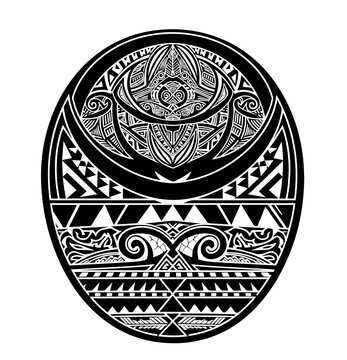 A striking black and white vector illustration of a Polynesian tribal tattoo, featuring symmetrical geometric shapes and cultural motifs within a bold oval frame