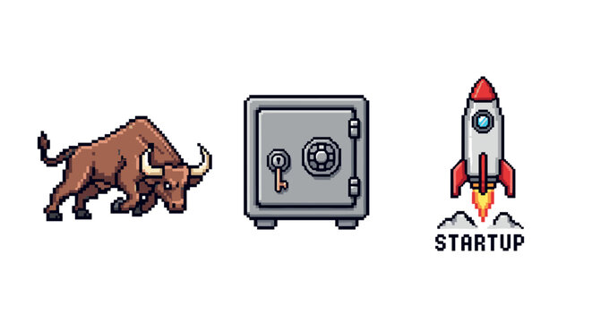 Retro pixel art of bull, safe, and rocket startup concept