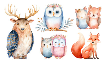 Fototapeta premium Colorful Watercolor Forest Animals Collection with Owl, Deer, and Fox