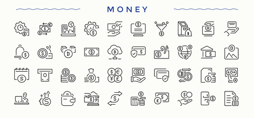 Money modern icon set. Included credit, cash, currency, finance, wealth, wallet, dollar and more. Icons for UI design. Vector illustration. Banking vector icon set.