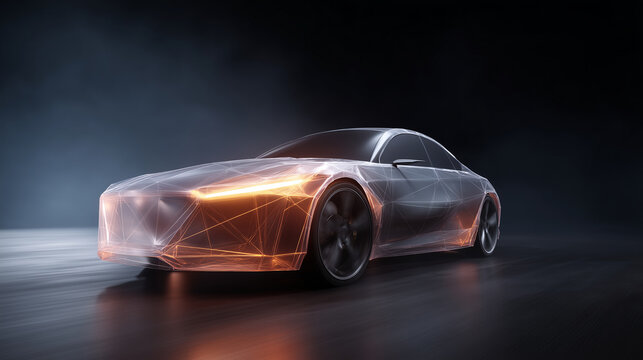 realistic digital visualization of high-speed futuristic car with glowing headlights, transparent wireframe overlay showing internal structure, dark background with subtle motion b