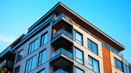 Modern glass apartment with wooden accents, big balconies and fresh green trees