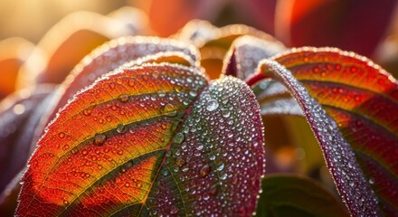 Close up of frost covered leaves in the morning sun.