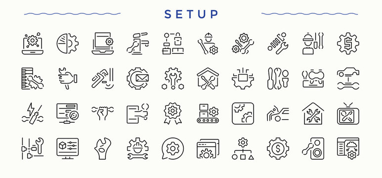 Setup and Setting icon set. Cog line icon set. Containing repair, install, system, cog, machine, customize and more. Editable vector art.
