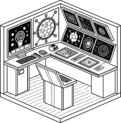 Fototapeta premium Isometric view of a futuristic control room with screens and consoles in black and white outline