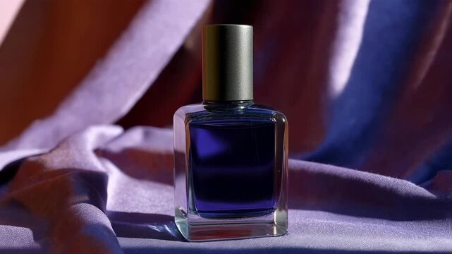 A square glass bottle of dark purple liquid with a gray cap sits on a folded lavender cloth