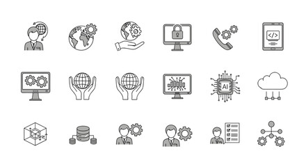 Minimalist technology icons ai, cybersecurity, global network, and cloud computing