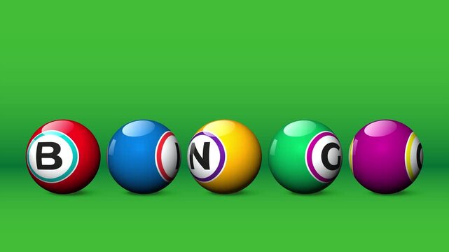 Five colorful bingo balls spelling out bingo that rotate on a green background representing the game of bingo