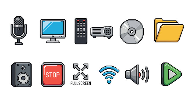 Retro pixel art icons of media and technology devices with vintage style