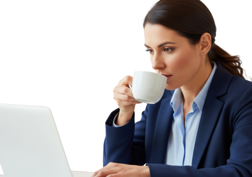 Confident businesswoman drinking coffee during online meeting on transparent background