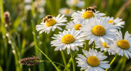 Close-up of daisies with bees collecting nectar in a sunny meadow.