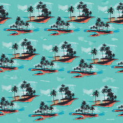 Seamless retro tropical island pattern with palm tree silhouettes on turquoise background for summer apparel. © dan
