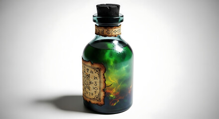 A potion bottle with green liquid and a label with magical symbols on a white background surface ai generated