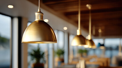 Golden pendant light fixture hanging in modern restaurant interior, warm sunlight, blurred background, cozy atmosphere, contemporary style