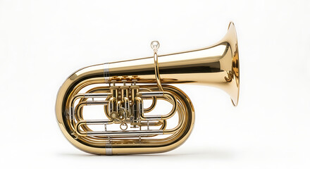 A shiny gold colored sousaphone sitting on a white background in a studio environment isolated ai generated