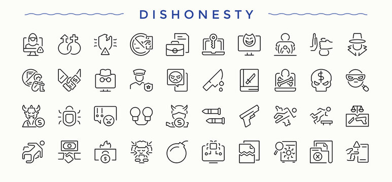 Dishonesty icon set. Collection for mobile and web apps. Vector collections. Crime line icon set. Contains related to crime, bribe, money laundering, illegal and more.