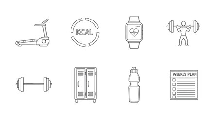 Fitness icons set treadmill, calories, smartwatch, weightlifting, and more