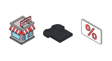Obraz premium Isometric shop icons open sign, black tshirt, discount symbol