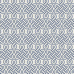 Seamless geometric pattern of repeating circular Celtic knots or loops. This intricate, graphic design in deep indigo blue on a neutral background is timeless, rhythmic, and sophisticated.