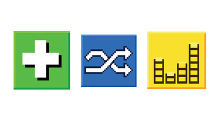 Obraz premium Retro pixel music icons play, shuffle, equalizer in vibrant colors
