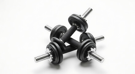 A close up shot of two black dumbbells stacked on top of each other on a white background surface ai generated