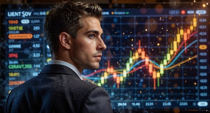 confident businessman analyzing financial data and stock market trends on a digital display.