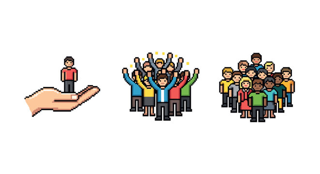 Pixel art concept of leadership and community with diverse group