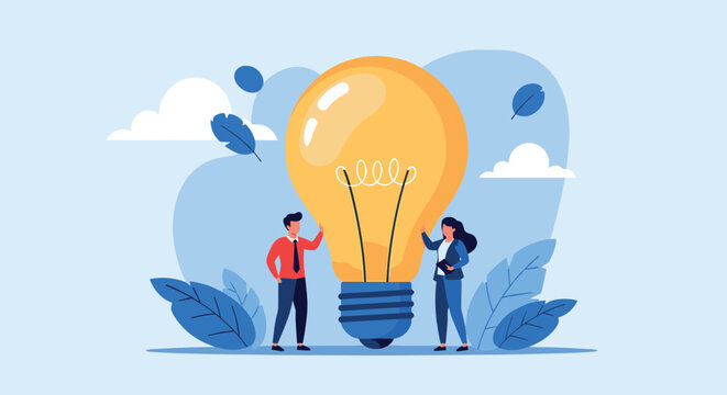 Teamwork and innovation concept with giant light bulb and businesspeople in flat design - Powered by Adobe