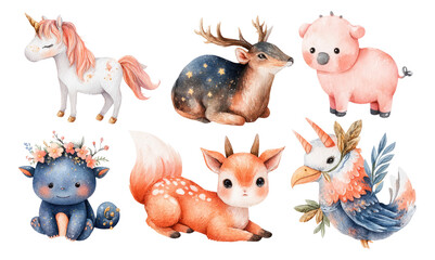 Fototapeta premium Cute Watercolor Animals in Various Colors with Isolated Transparent Background