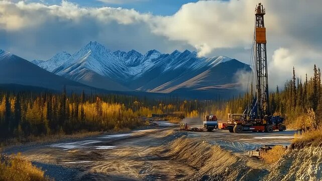 Oil Drilling in Wilderness Tower, Trucks & Mountains in Rural Alaska