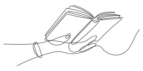 Line drawing illustration of a hand holding an open book reading