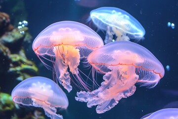 Fototapeta premium Enchanting underwater scene with glowing jellyfish in ocean depths