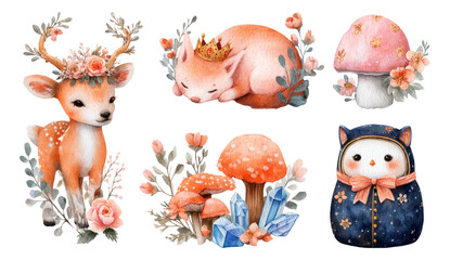 Fototapeta premium Cute Watercolor Animals and Mushrooms with Floral Accents on Transparent Background