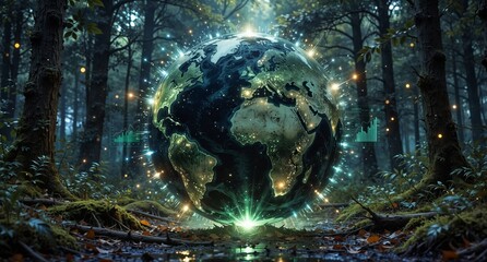 sustainable future concept with glowing earth in a lush forest and data visualization.
