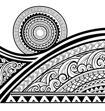A striking black and white vector illustration of a Polynesian tattoo design, blending a bold sun mandala with intricate, flowing wave ornaments and geometric patterns