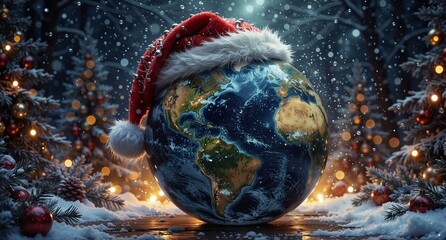 global holiday cheer: a realistic earth globe wearing a santa hat amidst festive christmas lights and snowy evergreens.