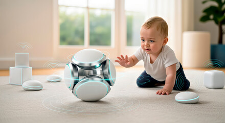 Baby Crawling Towards Robotic Smart Home Orb with Rings of Light Rotating Around it