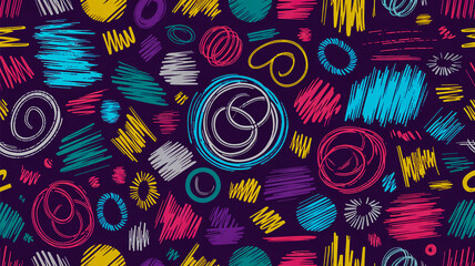 A seamless pattern design featuring scattered doodle-style scribbles in multiple colors against a deep purple background.