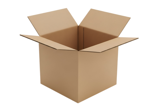 Empty Open Brown Corrugated Cardboard Box Ready for Shipping or Delivery, Perfect for E-commerce and Packaging Concepts, Isolated on Transparent Background