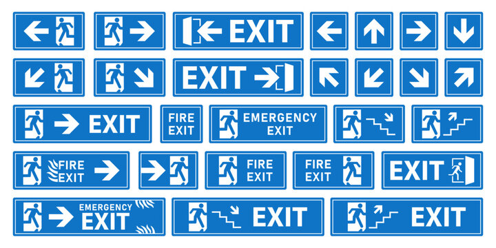 Fire exit emergency sign collection. Running man and exit door. Help evacuation. Exit signs icon in different style. Vector illustration.