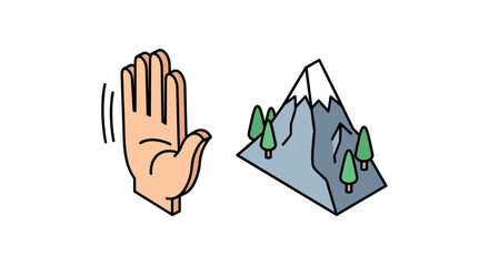 Fototapeta premium Minimalist cartoon style stop hand sign and mountain with trees